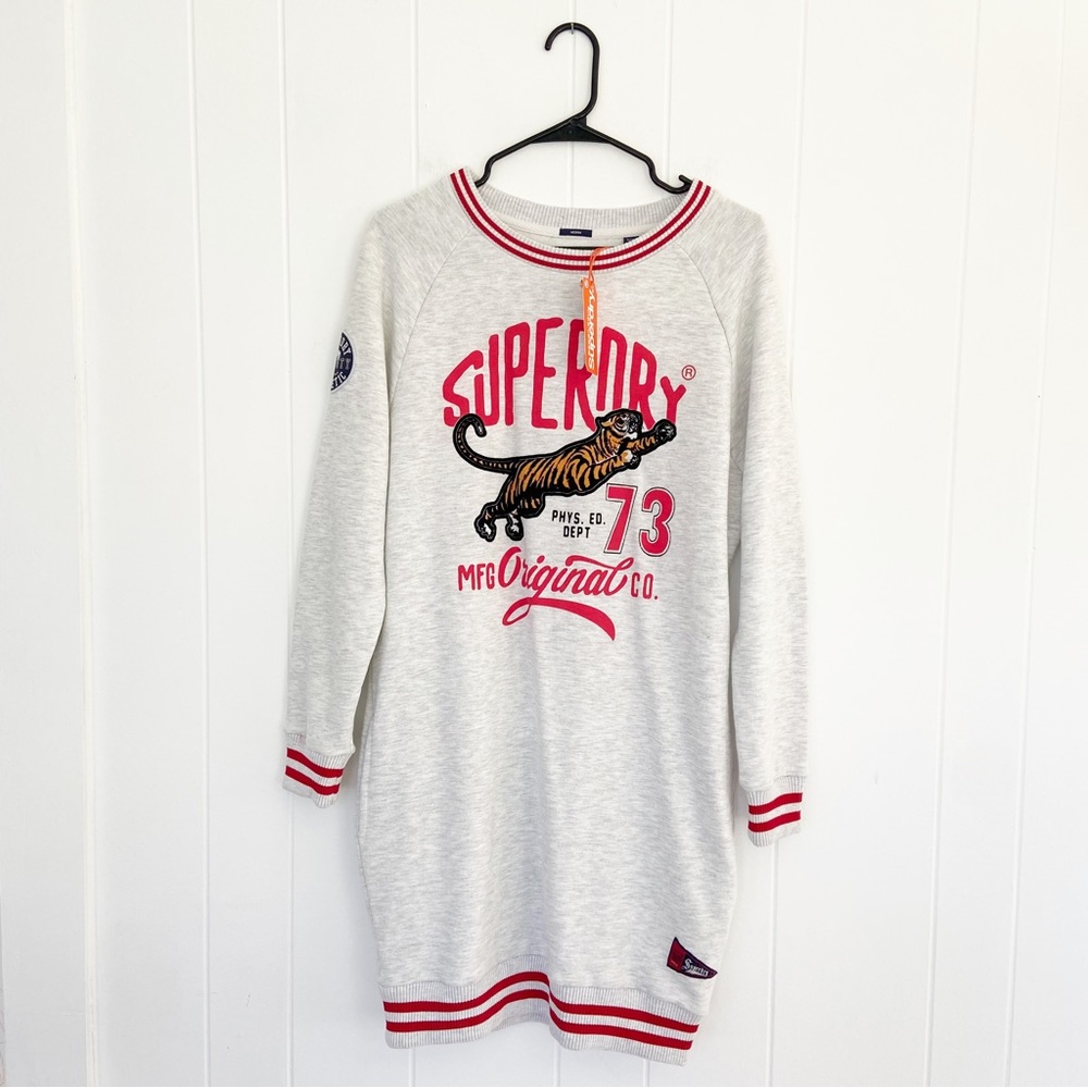 Superdry Grey Long Sleeve Sweatshirt Dress with Red Trim and Tiger Logo